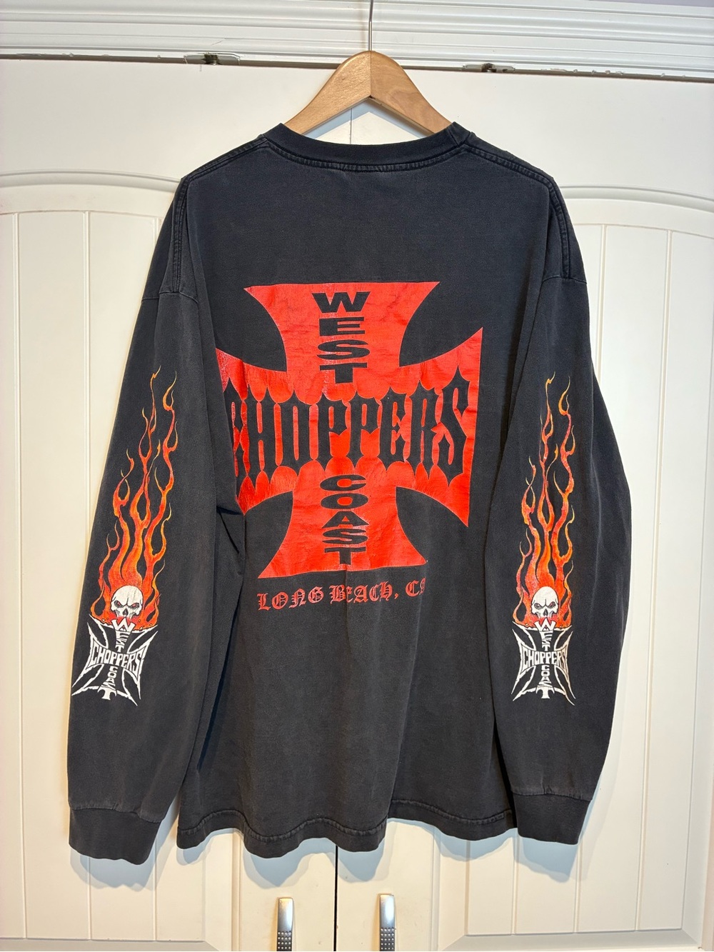 West Coast Choppers Black Long-Sleeve Tee with Red Cross & Flame Size XXL